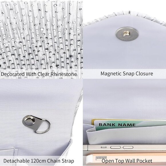 Luxury Satin Clutch Purse with Chain Strap - Perfect Evening Bag for Weddings - Picture 3 of 6